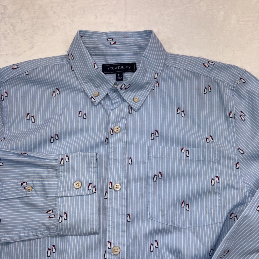 Crown & Ivy Shirt Mens XL Blue Stripe with Penguins Casual Fun